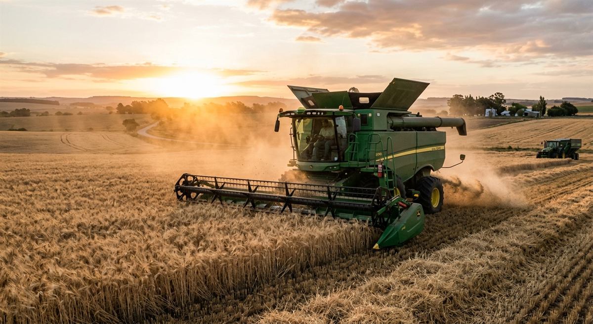 Una cosechadora trabajando un lote de trigo al atardecer, con la tolva acompañándola al costado.