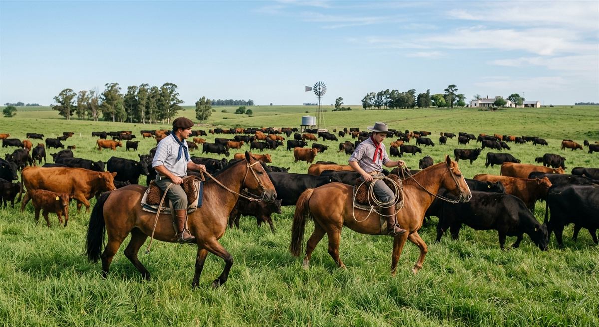 Dos hombres a caballo recorriendo el rodeo en un potrero, con el molino y el casco del campo al fondo.