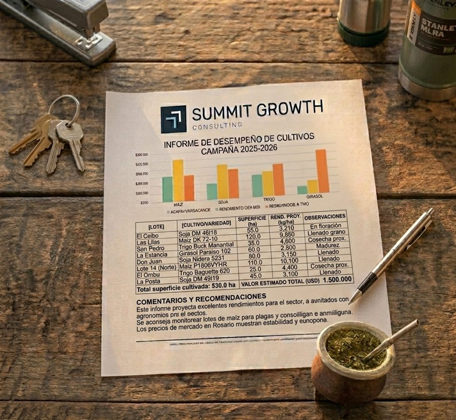 El informe impreso sobre la mesa del campo, con sus gráficos y su tabla de resultados, junto al mate y las llaves de la camioneta.