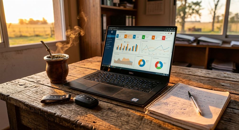 Una notebook abierta sobre una mesa de campo, con el tablero en pantalla, un mate al lado y el atardecer por la ventana.